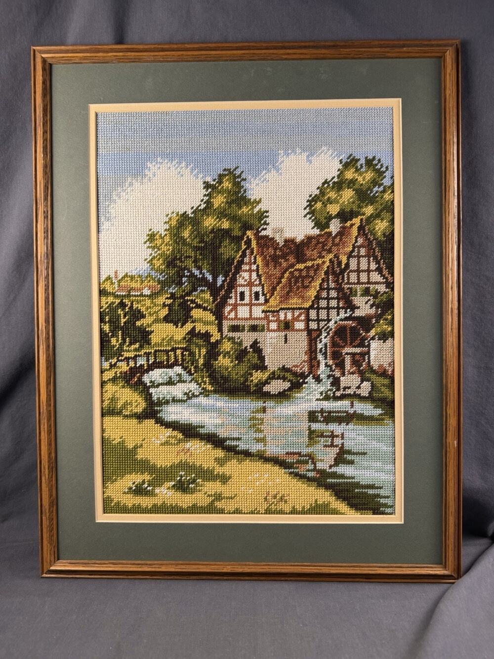 Matted Framed Needlepoint Picture Water Wheel House 17”x22” Cottage Core